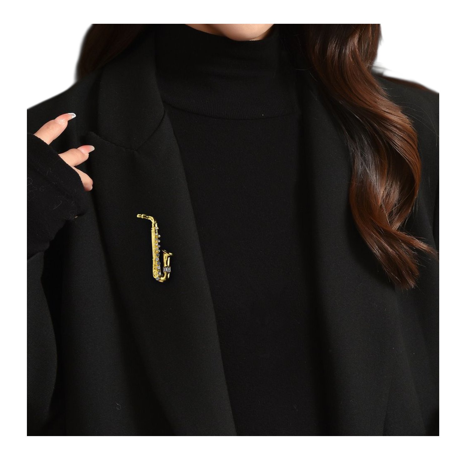 Broche de saxofón dorado con mini diamantes - Imagen 2