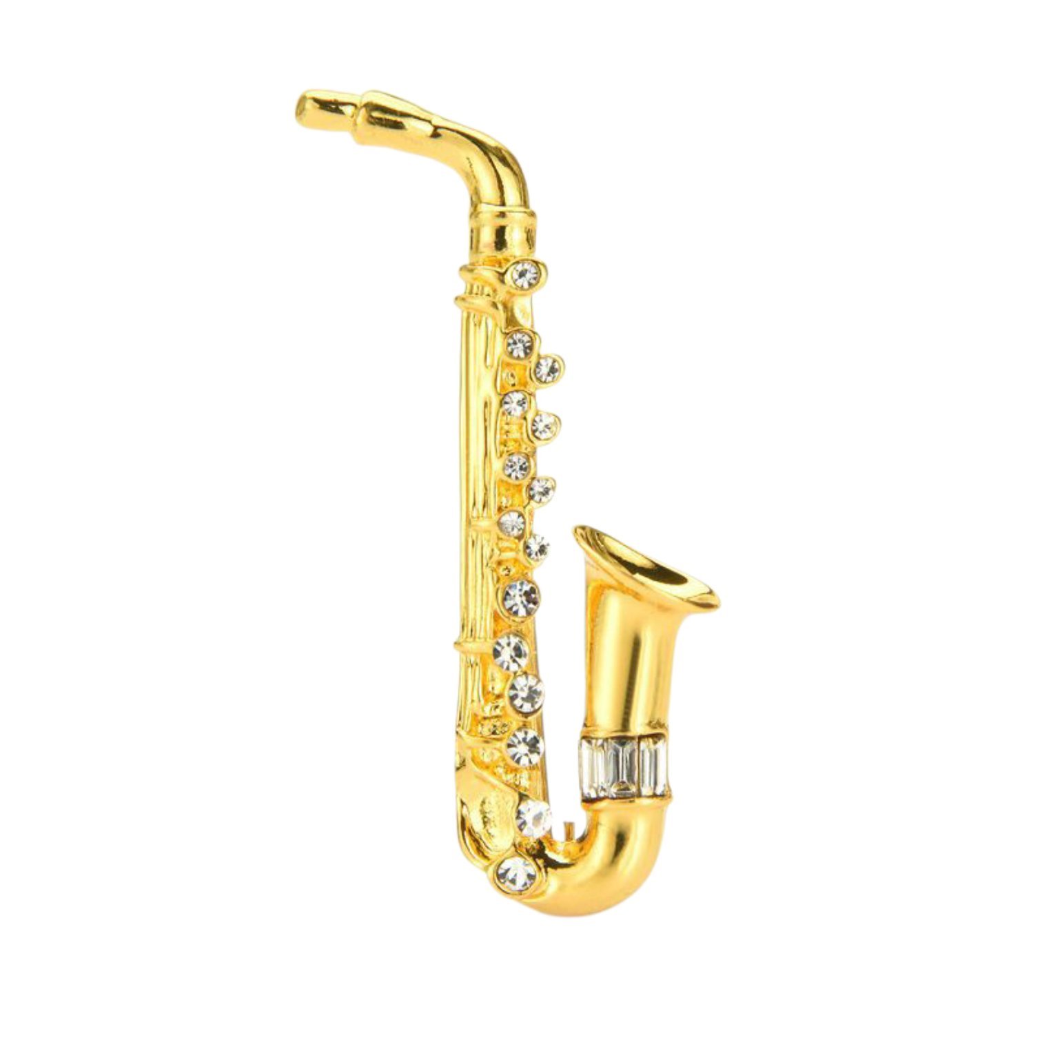 Broche de saxofón dorado con mini diamantes