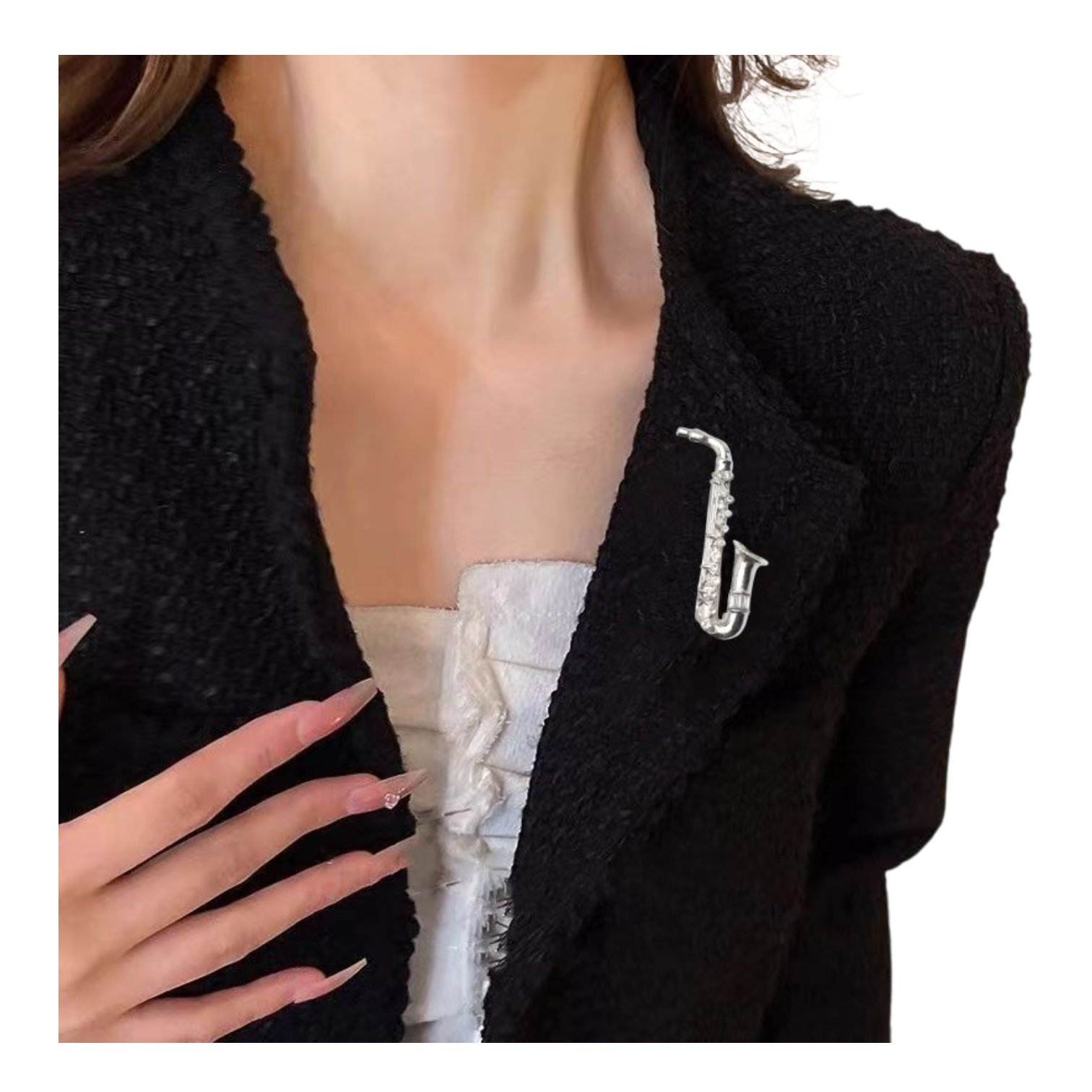 Broche de saxofón plateado con mini diamantes - Imagen 2